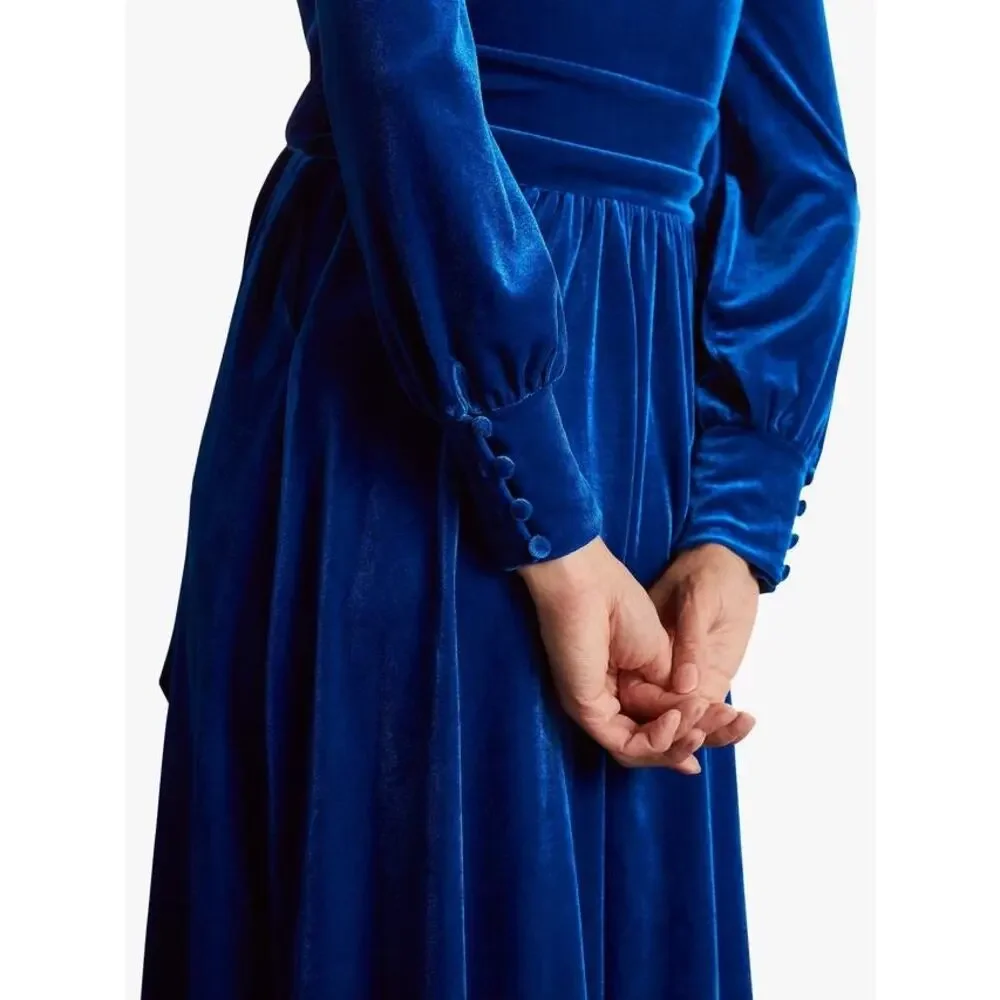 Boden Rita Velvet Maxi Dress Blue Depths A-Line Size 6R Elegant Stretch